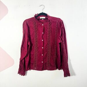Jennifer & Grace 100% Cotton Blouse Top Womens Large Burgundy Lace Boho